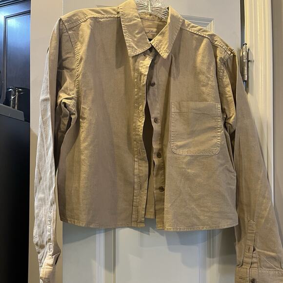 Universal Thread Long Sleeve Collared Cropped Cotton/Linen Blend Shirt Tan - Med - Picture 1 of 8